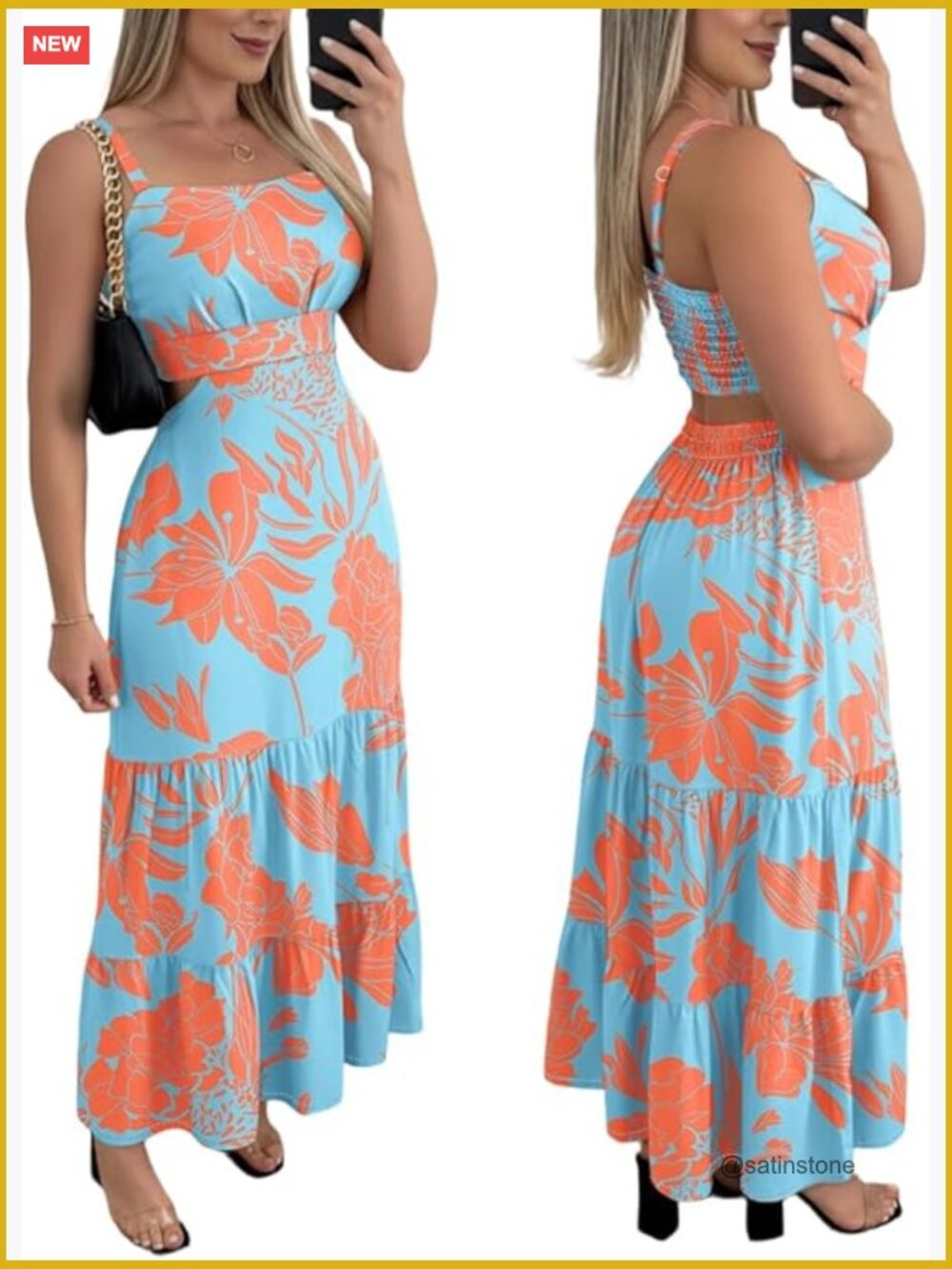 Sleeveless Square Neck Boho Maxi Dress Floral Cut Out Backless A-Line